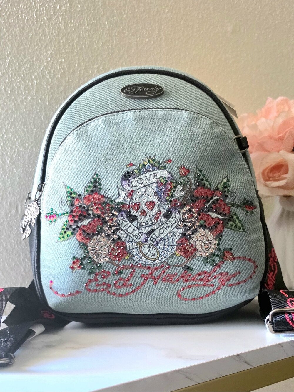 NWT Ed Hardy Denim  Backpack Rhinestone Skull Love Kills Slowly Y2K